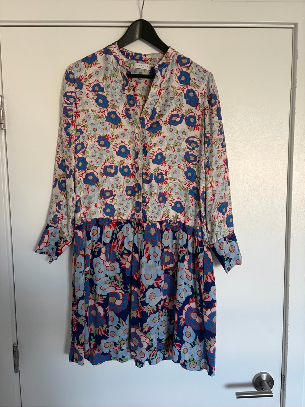 Sandro Blue and White Floral Mixed-Panel Long Sleeve Dress
